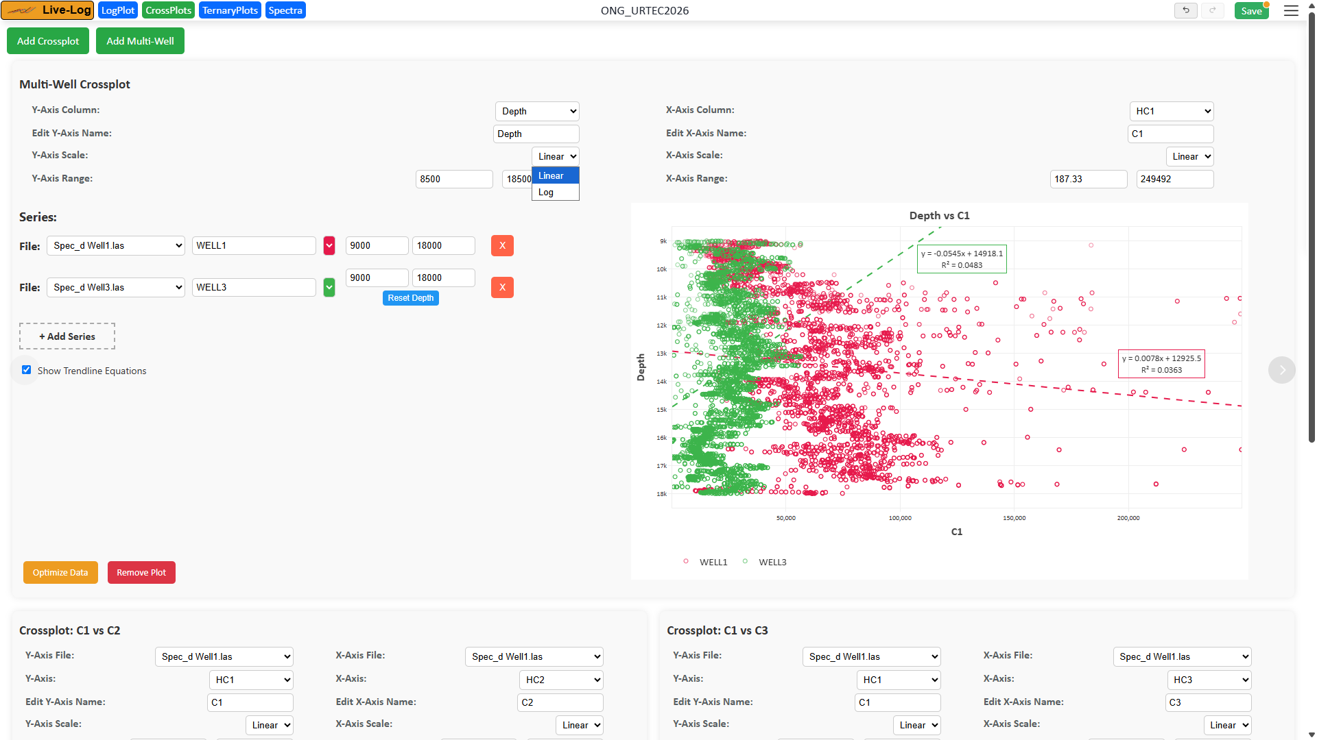 Live-Log multi-well crossplot comparing wells with trendline equations
